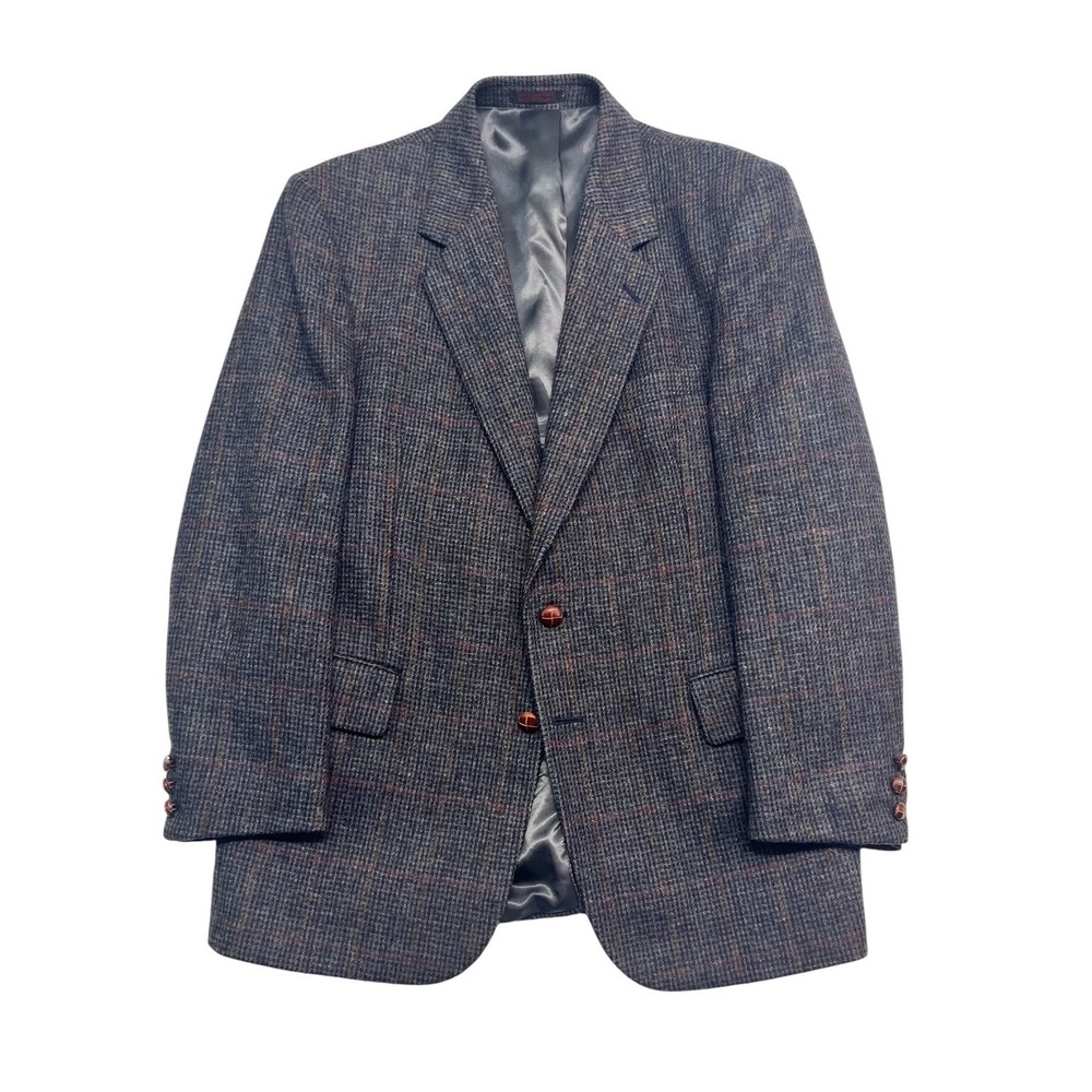 vtg English Manor 40S Charcoal Windowpane Tweed Blazer Jacket Sport Coat Wool